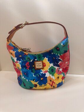 Dooney & Bourke Blue Yellow Red Petunia Floral Shoulder Bucket Bag Tan  Like New